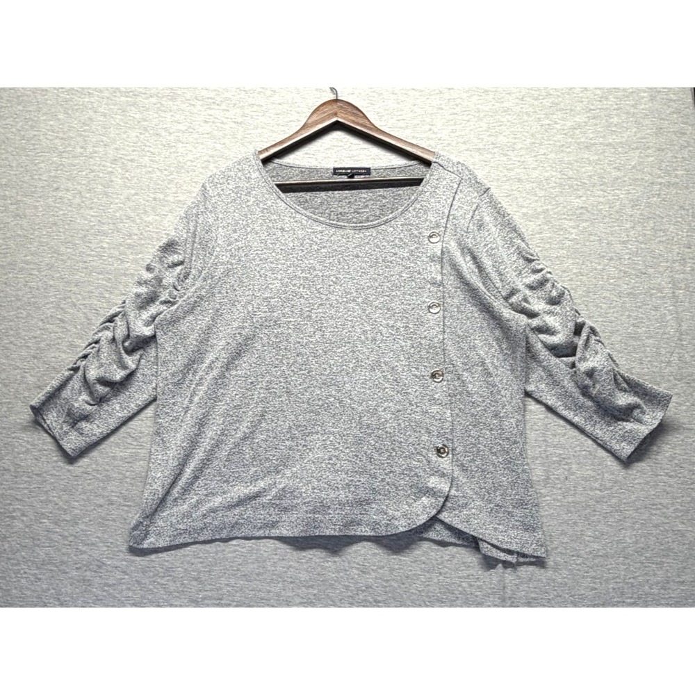 Adrienne Vittadini Cardigan Women's 2X Gray Tight Knit Ruched Sleeve Side Button